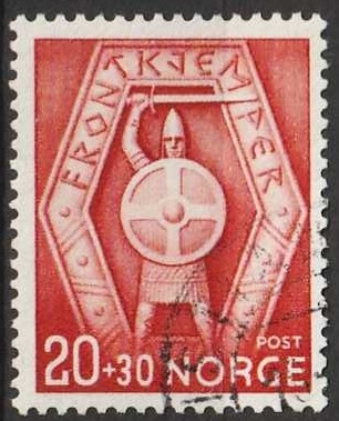 FRIMÆRKER NORGE | 1943 - AFA 297 - Frontkæmpere. - 20+30 øre rød - Stemplet